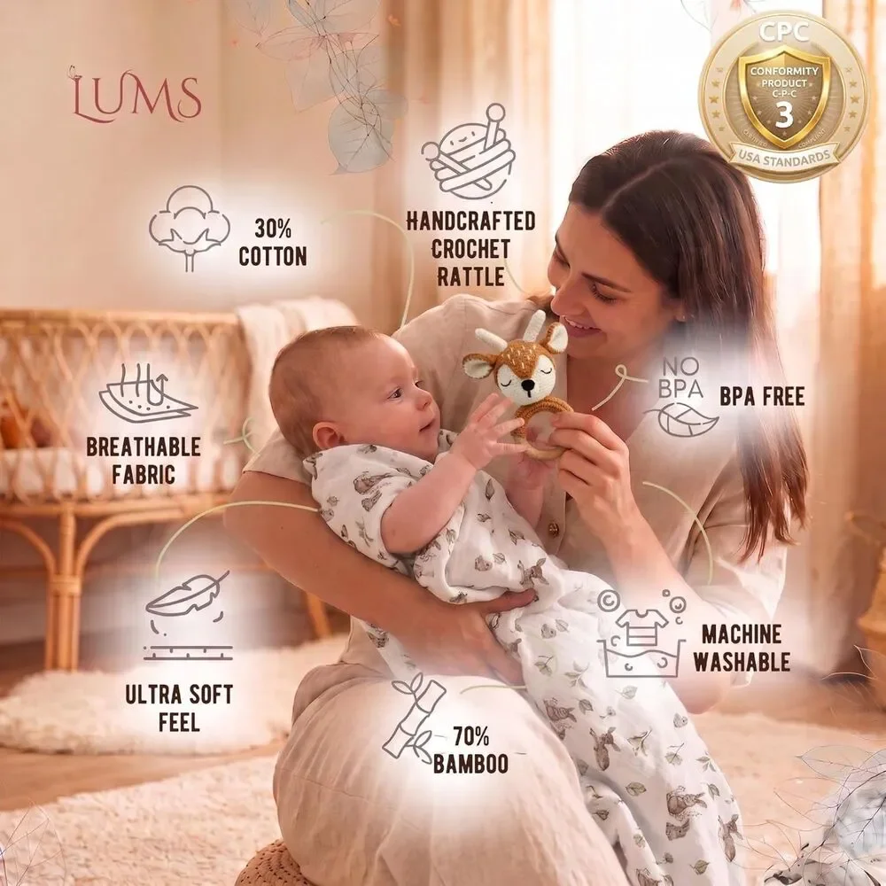 NEW Newborn Baby Gift Set 6 Pc Bamboo Blanket Footprint Frame Fawn Gift Box